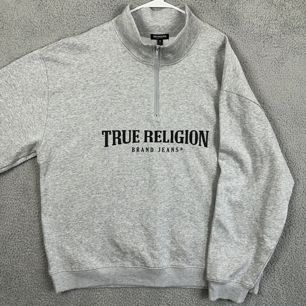 True Religion Sweatshirt Mock Half Zip Men 3XL Heather Gray Relaxed Pullover NEW